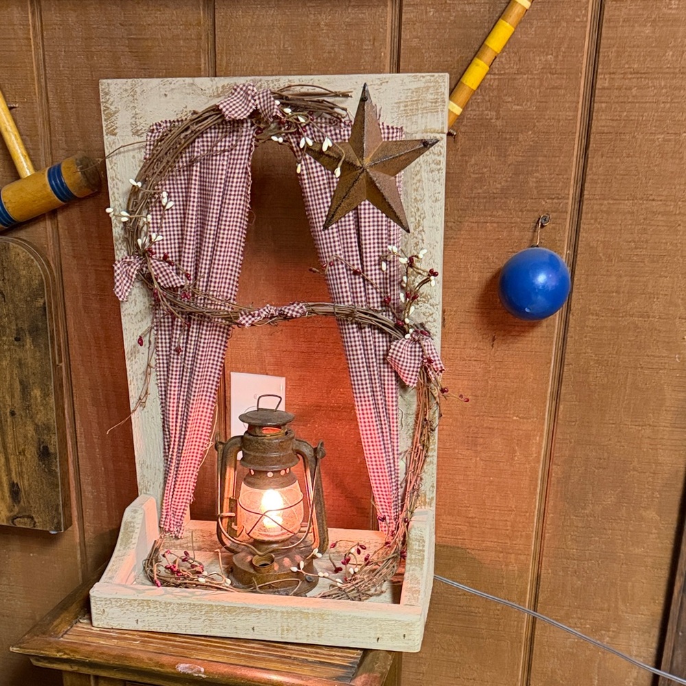 Rustic Lantern Wall Accent with Star and Gingham Curtains